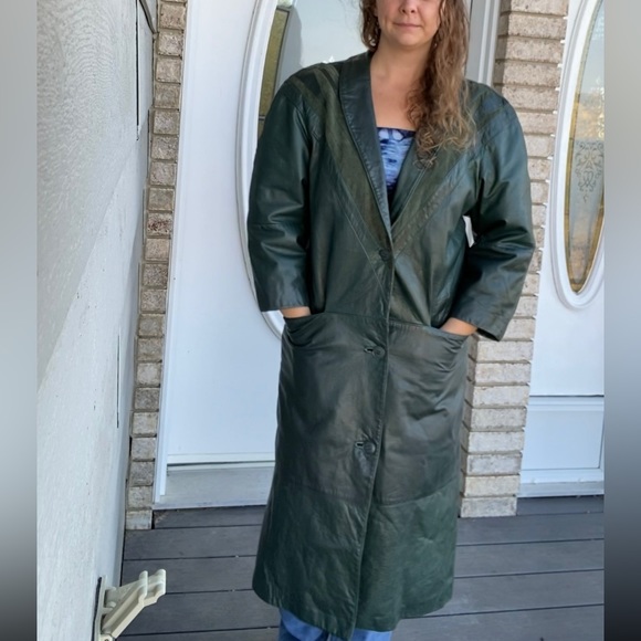 Vintage Green Genuine Leather Trench Coat with Triangle Pattern - Picture 13 of 16